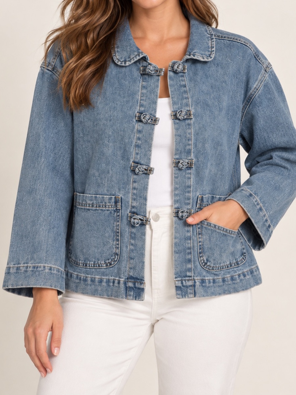 Heartloom Denim Chore Jacket Knot Toggle Front Pockets Size S